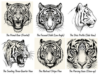 Obraz premium Frontal view of tiger head roar with open mouth and sharp tooth, ink sketch line art vector illustration
