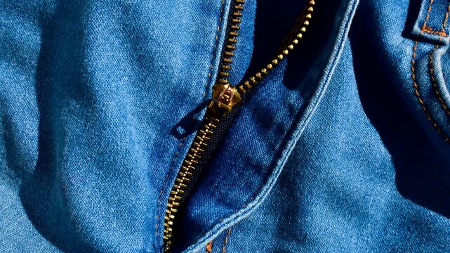 Close-up of a jeans zipper, revealing refined details and the quality of craftsmanship. Detalhe do z&iacute;per de cal&ccedil;a jeans, capturando a ess&ecirc;ncia da moda casual e urbana.