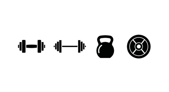 Fitness Equipment Icons: Dumbbells, Kettlebell, Weight Plate