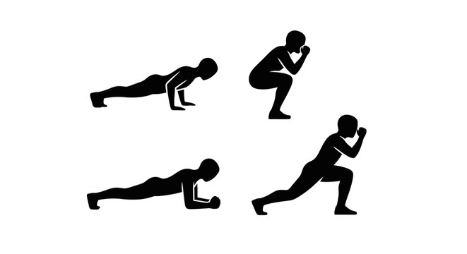 Fitness Silhouette Icons: Push-up, Squat, Plank, Lunge Exercises