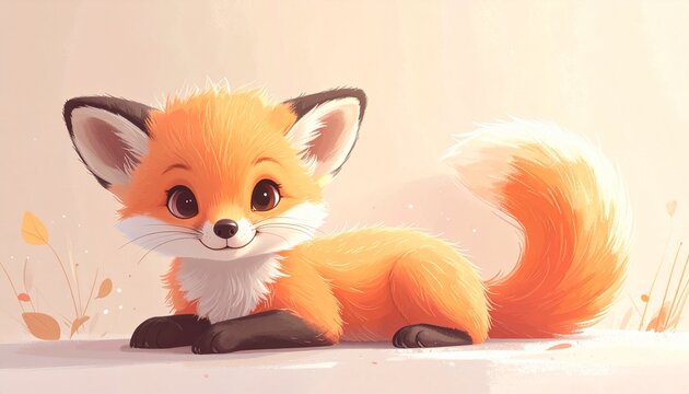 Adorable Cartoon Fox Cub with Fluffy Tail and Big Eyes.