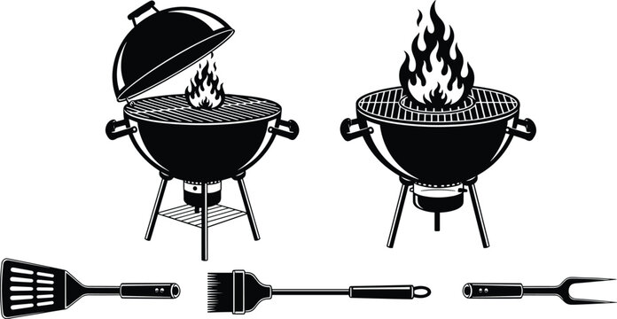 Black and white barbecue kettle grill vector set with hot fire flame and grilling tools isolated on white background