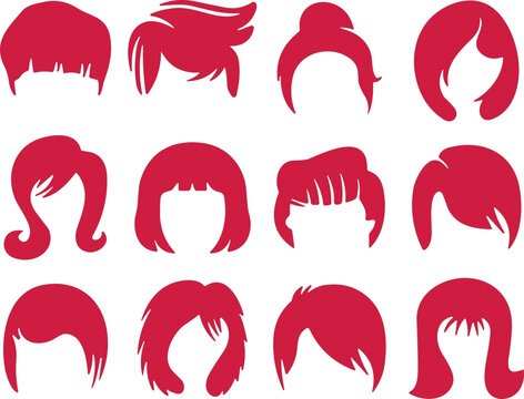 Red Man and Woman Hair Silhouette Vector Set Featuring Fashionable Hairstyles Wigs and Haircuts for Barber Shop Beauty Salon and Wig Store Branding Designs