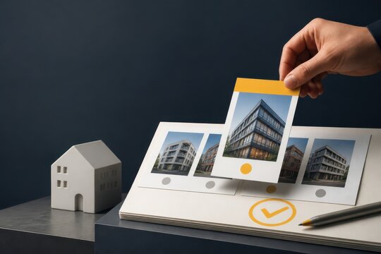 Hand placing a property photo card on a presentation board with model house and catalog pages