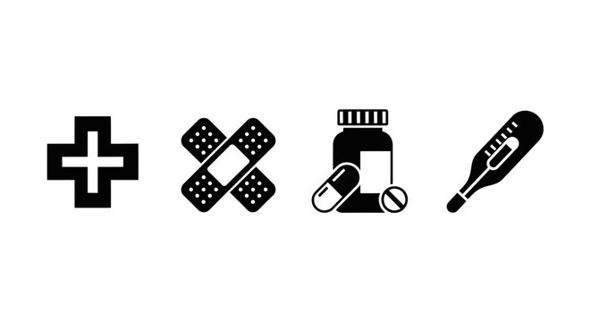 Medical Icons: First Aid Cross, Bandages, Pills, and Thermometer