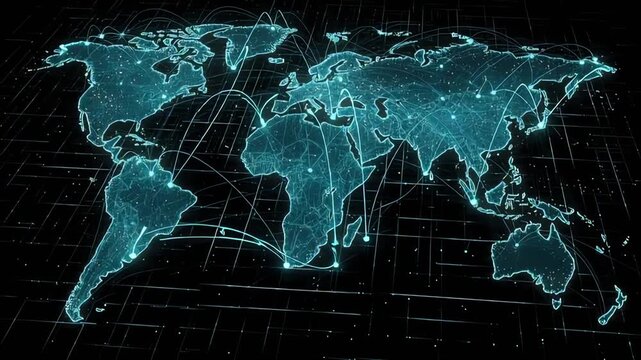 Digital world map with glowing blue continents and grid lines for global connectivity