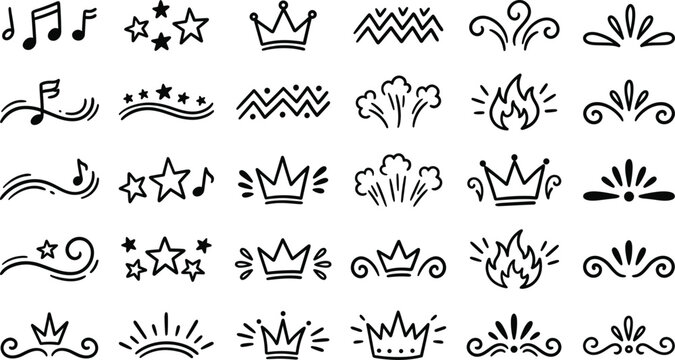 Black line art doodle decoration set featuring cute crowns stars music notes fire swirls and page dividers vector illustration