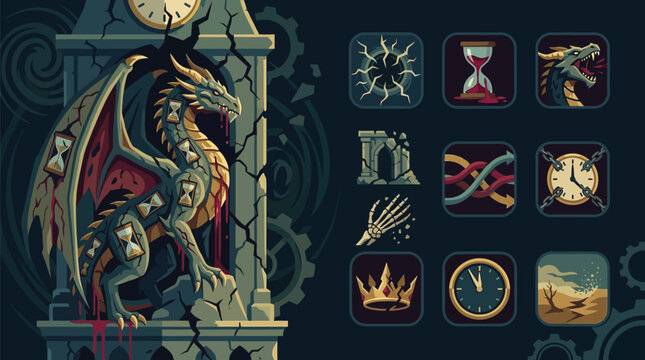 Dark flat vector illustration of a menacing dragon on a crumbling clock tower with integrated hourglasses, featuring fantasy icons representing time decay, chaos, and destruction.