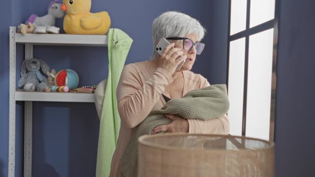 Woman holding bundled baby, phone to ear, hands cradling infant while looking out a window in a building nursery; concern.