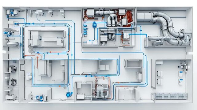 Modern HVAC System Layout in Commercial Building with Blue and Grey Ductwork