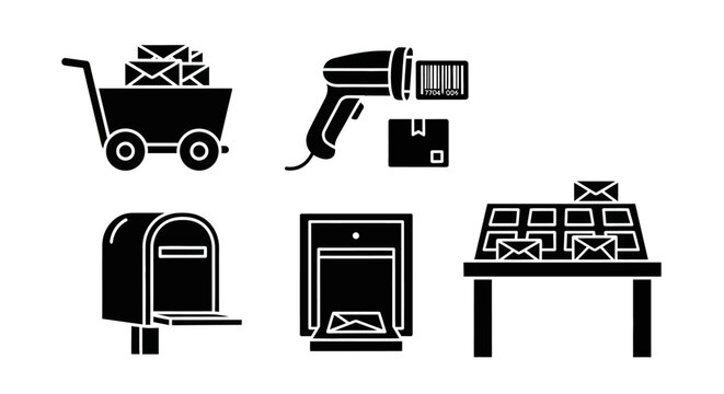 Postal Service Icons: Mailbox, Scanner, Cart, Table with Letters