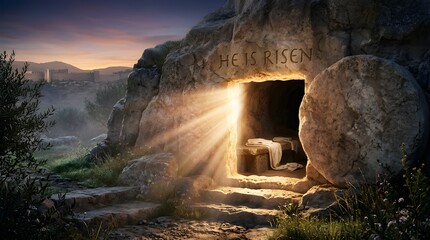 Obraz premium The Resurrection of Jesus Christ The Empty Tomb and Rays of Light