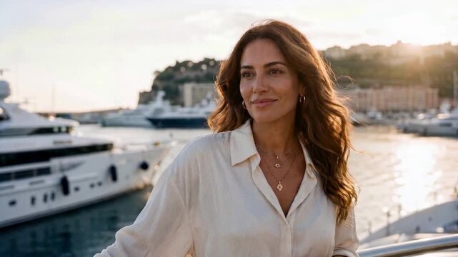 Elegant woman in white shirt standing by yachts at a marina during sunset, warm cinematic camera motion.