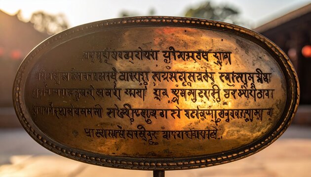 Ancient Sanskrit script etched onto a detailed copper plate, conveying historical knowledge and cultural heritage.