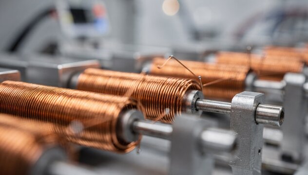 Detailed view of compact coil winding machines creating tiny inductors with meticulous copper wire layering emphasizing the delicate craftsmanship and technical environment.