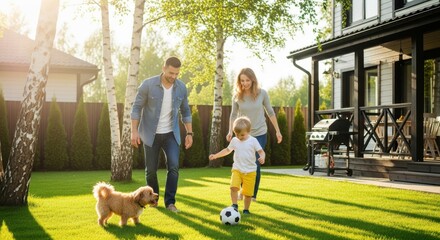 Naklejka premium Happy Young Family with Son and Small Dog Playing Soccer in Sunny Backyard of Their Modern Home
