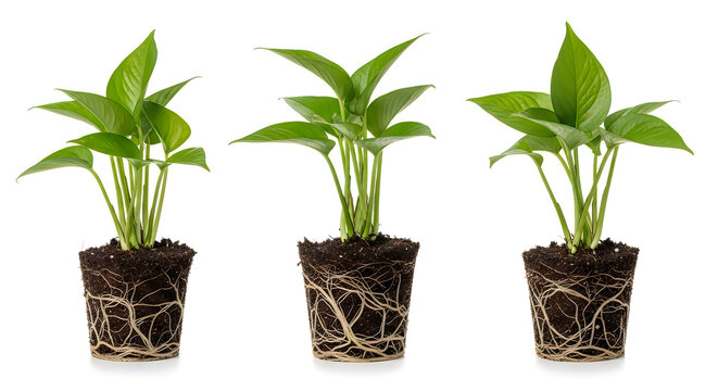 Peace lily plants in pots showing root systems isolated on white
