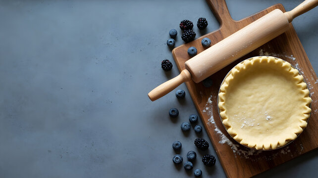 Unbaked pie crust with blueberries and blackberries, rolling pin on wooden board, preparing homemade fruit dessert.