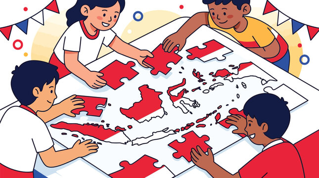 Flat vector illustration of diverse children collaborating to assemble a large jigsaw puzzle of the Indonesian archipelago map in national flag colors on a white table.