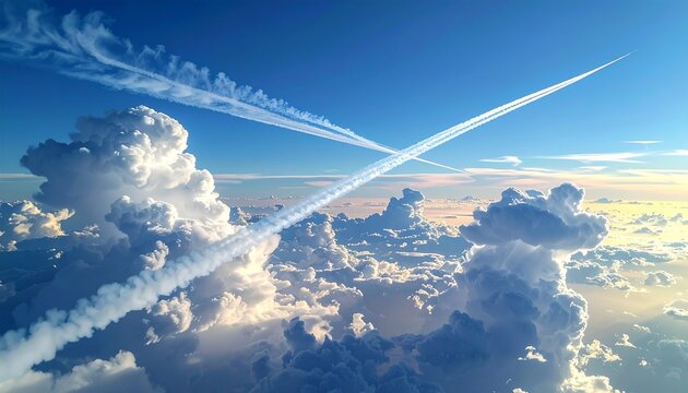Aerial view of contrails crossing above fluffy clouds in blue sky.