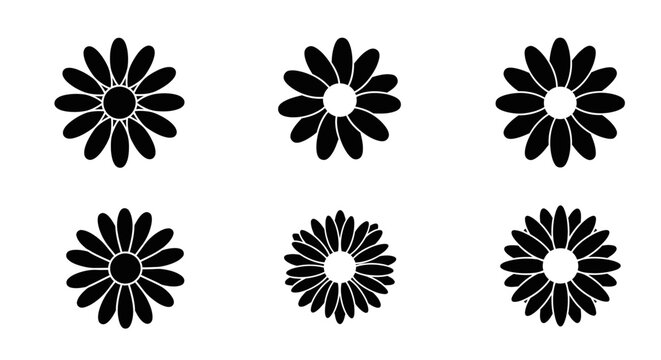 Set of 6 Black Daisy Flowers Icons, Simple Vector Graphics