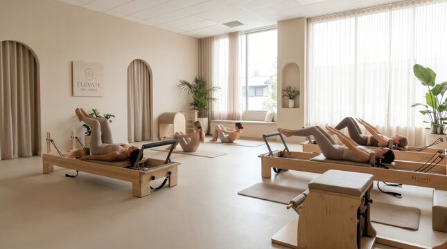 Female fitness instructor guiding a young woman in a Pilates exercise class, demonstrating a roll-up movement on a reformer machine in a bright studio.