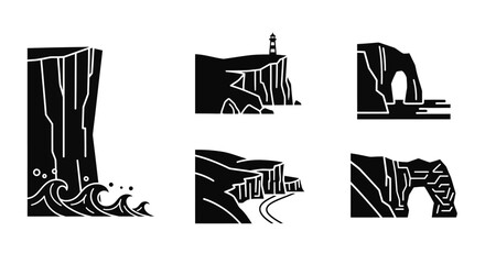 Fototapeta premium Set of Coastal Cliff Icons: Lighthouse, Arch, Waves, Road