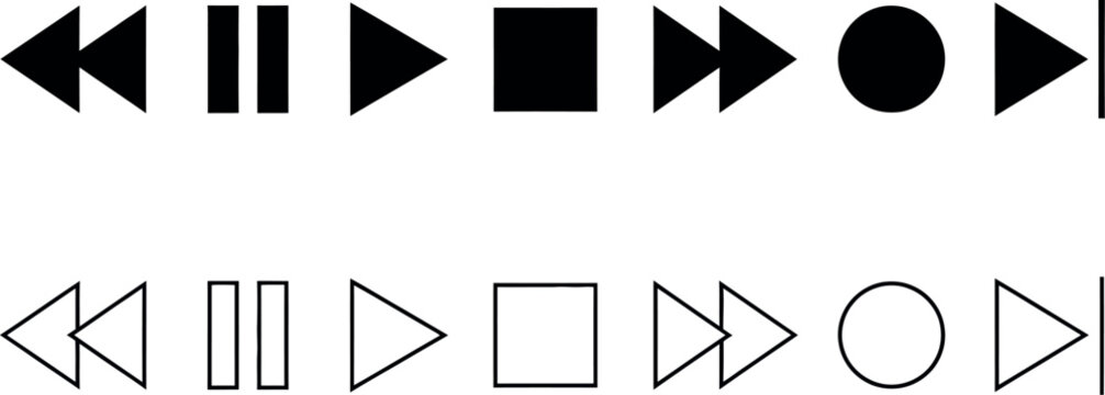 Modern black media player control icons set with play pause skip buttons