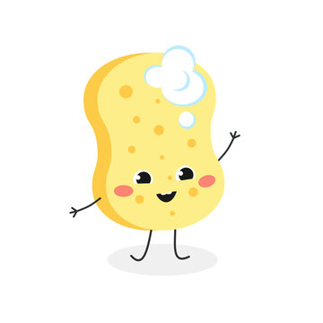 Cute sponge character with foam waving hand