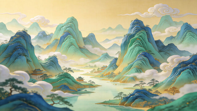 Chinese Green Mountain Landscape Painting