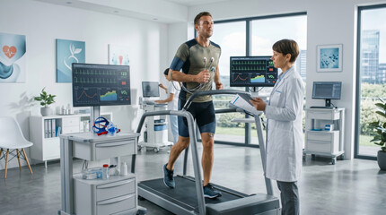 Fototapeta premium A male patient exercises on a treadmill while a female medical professional monitors his vitals during a cardiac stress test in a clinical setting.