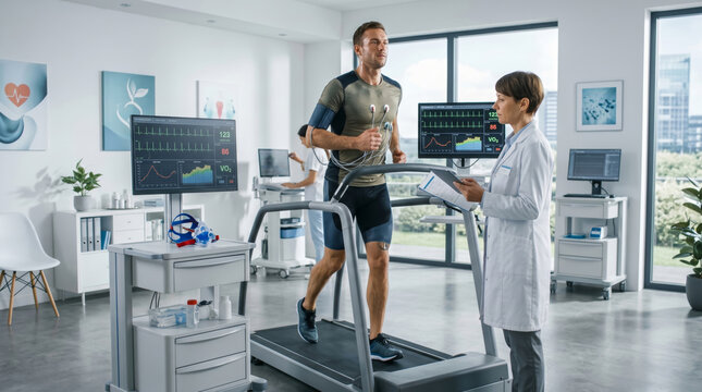 A male patient exercises on a treadmill while a female medical professional monitors his vitals during a cardiac stress test in a clinical setting.