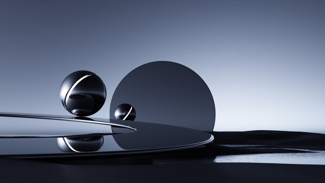 3D render, Abstract black metallic spheres with large circle and reflections in futuristic minimalist landscape
