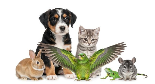 Group of Diverse Domestic Pets Including Puppy, Kitten, Rabbit, Parrot, Iguana, and Chinchilla Isolated on White Background