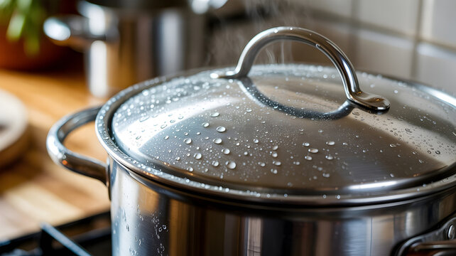 Steaming pot with lid covered in water droplets on stove top cooking food indoors.