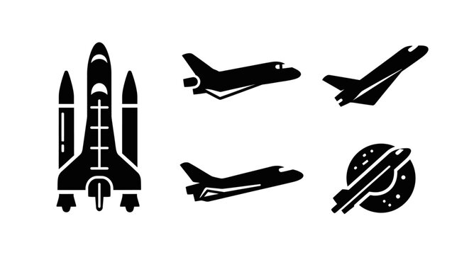 Space Shuttle Icons Set: Rocket, Spaceship, Orbiting Planet