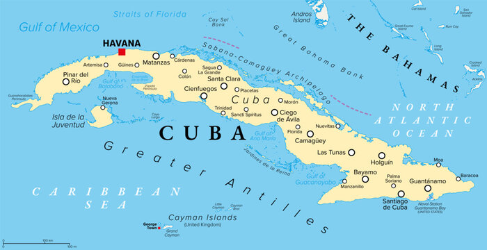 Cuba, political map with capital Havana and largest cities. Republic of Cuba, an island country in the Caribbean at the convergence of Caribbean Sea, Gulf of Mexico, and North Atlantic Ocean. Vector