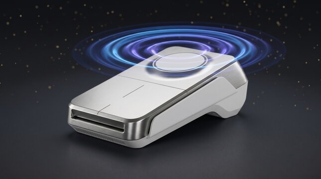 Platinum Contactless Payment Terminal Emitting Blue Wireless Ripple Waves on Dark Background
