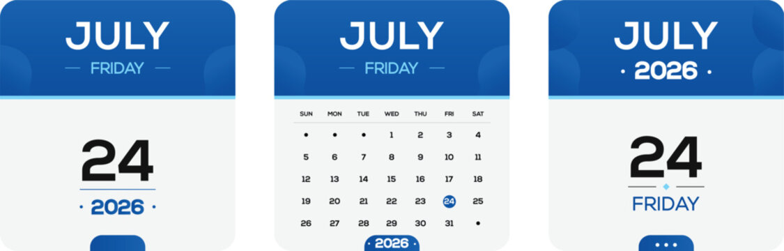 July 24 2026 Friday Calendar Date Icon, Modern Blue Monthly Planner Design, Printable Schedule Template, Event Reminder Graphic, Minimal Social Media Illustration for Digital Marketing Posts