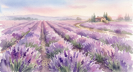 Obraz premium Serene Lavender Fields with a Charming Stone Cottage: A picturesque rural landscape capturing the beauty of Provence, France, bathed in soft sunlight and tranquility.