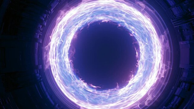 Tokamak fusion reactor interior with glowing plasma ring, showcasing dynamic energy flow and vivid light patterns in a futuristic scientific environment