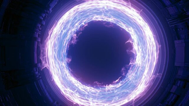 Dramatic wide shot of tokamak fusion reactor interior displaying continuous energy flow through a vibrant plasma ring, showcasing the dynamic nature of fusion technology