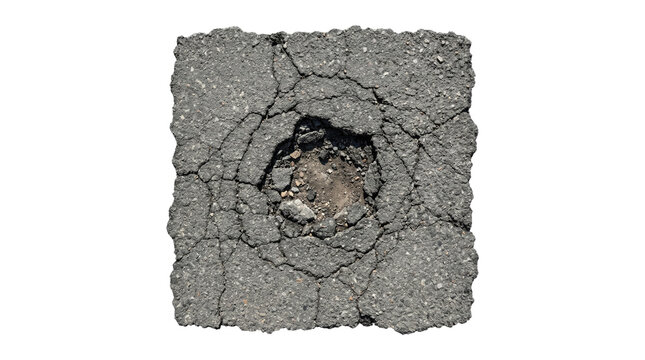 Top view square piece of cracked asphalt with a central pothole isolated on transparent background