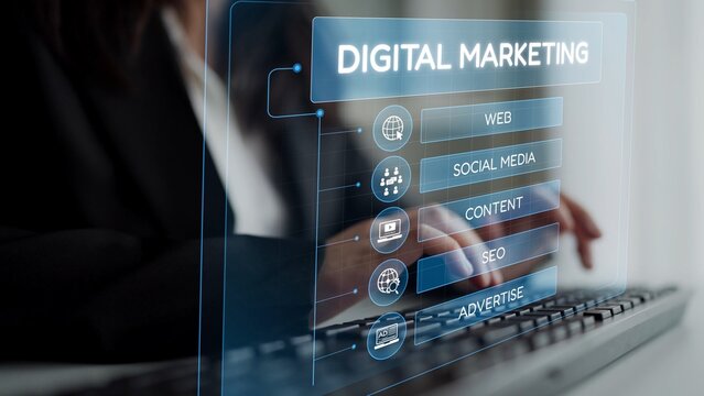 Digital marketing strategy broken down into categories: web, SEO, content, social media, and advertise. Digital tools enhance online marketing success across digital platforms. Muxer