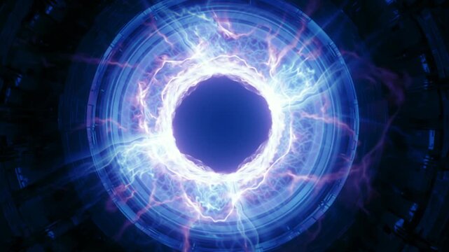 Dramatic wide shot of tokamak fusion reactor interior displaying continuous plasma discharge with vibrant electric arcs and swirling energy patterns in a futuristic scientific environment