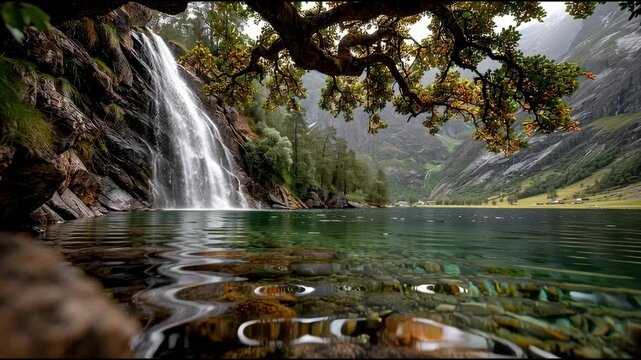 Scenic waterfall flowing into a calm mountain lake framed by tree branches, with natural copy space.