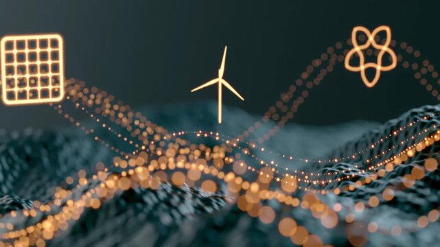 Clean energy source icons represented by water droplet, wind turbine, and scientific symbols, interconnected by glowing lines on a textured surface, illustrating energy concepts