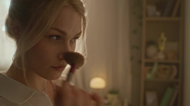Chest up shot of gen Z Caucasian girl with blonde hair applying powder on face with brush in sunlit morning room