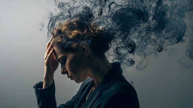 Woman with Curly Hair Holding Head and Releasing Dark Smoke Clouds in Studio