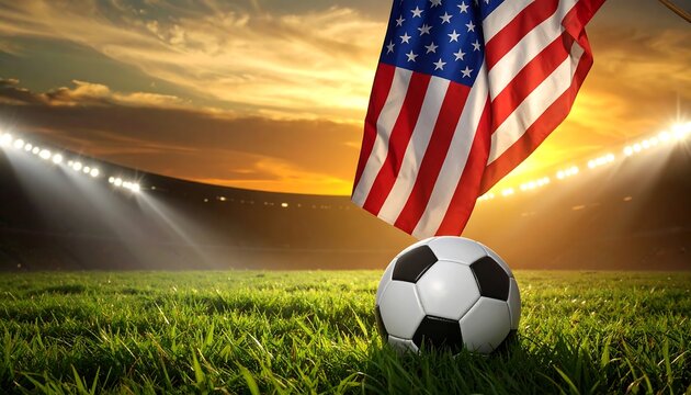 American soccer field with flag and ball at sunset stadium ai generative